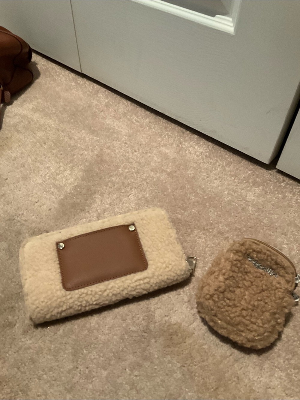 Cream Shearling Zip Wallet with Tan Leather Patch + Matching Pouch